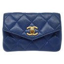CHANEL Matelasse Pouch Lamb Skin Blue Gold CC Auth 140359-13