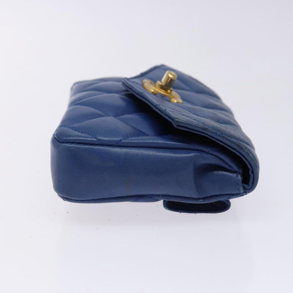 CHANEL Matelasse Pouch Lamb Skin Blue Gold CC Auth 140359