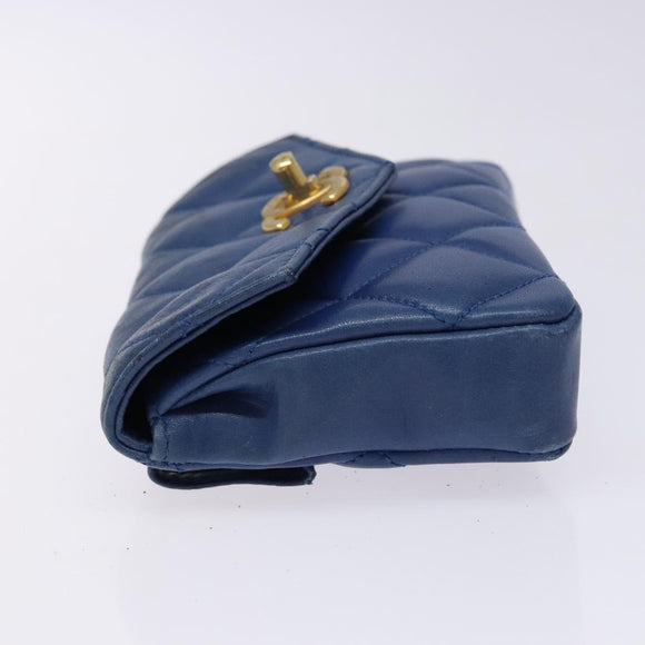CHANEL Matelasse Pouch Lamb Skin Blue Gold CC Auth 140359