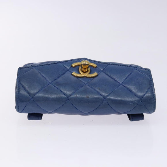 CHANEL Matelasse Pouch Lamb Skin Blue Gold CC Auth 140359