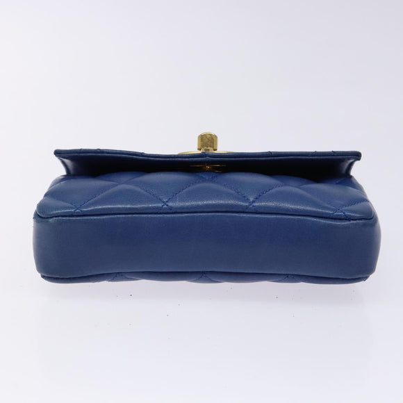 CHANEL Matelasse Pouch Lamb Skin Blue Gold CC Auth 140359
