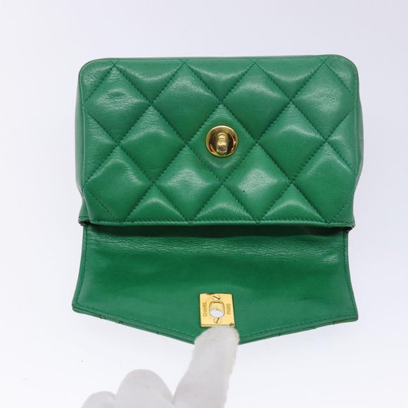 CHANEL Matelasse Pouch Lamb Skin Green Gold CC Auth 140360
