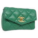 CHANEL Matelasse Pouch Lamb Skin Green Gold CC Auth 140360-1