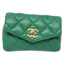 CHANEL Matelasse Pouch Lamb Skin Green Gold CC Auth 140360-13