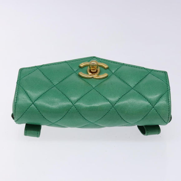 CHANEL Matelasse Pouch Lamb Skin Green Gold CC Auth 140360