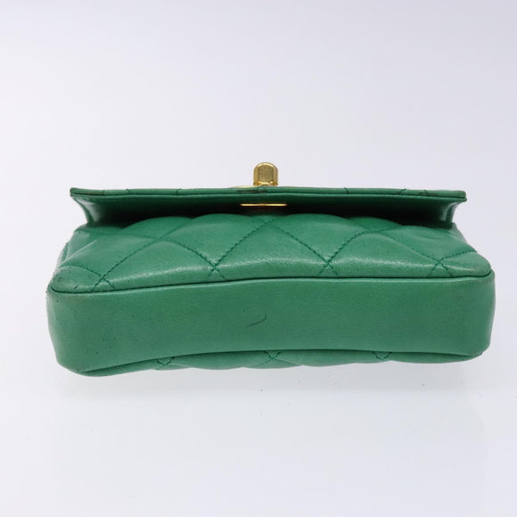 CHANEL Matelasse Pouch Lamb Skin Green Gold CC Auth 140360