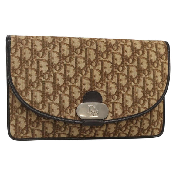 Christian Dior Trotter Canvas Clutch Bag Brown Gold Auth 140480