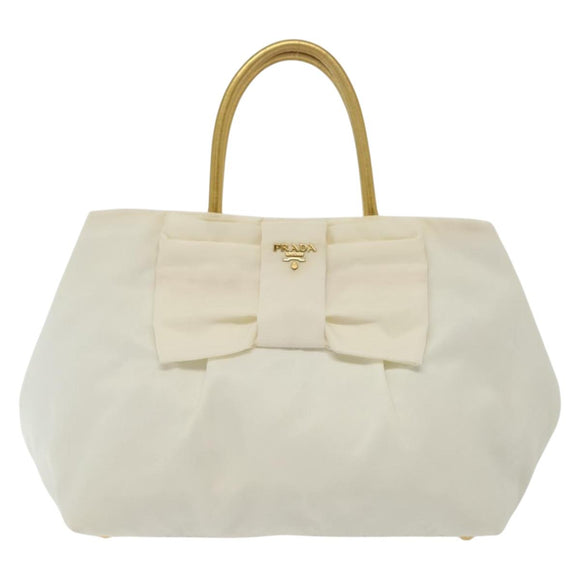 PRADA Ribbon Hand Bag Nylon White Gold Auth 140482