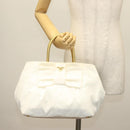 PRADA Ribbon Hand Bag Nylon White Gold Auth 140482-21