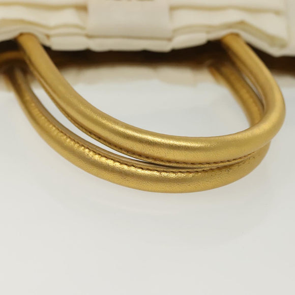 PRADA Ribbon Hand Bag Nylon White Gold Auth 140482