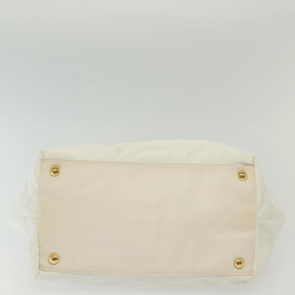 PRADA Ribbon Hand Bag Nylon White Gold Auth 140482