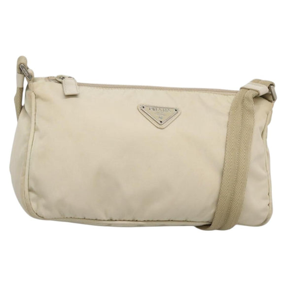 PRADA Shoulder Bag Nylon Beige Silver Auth 140483