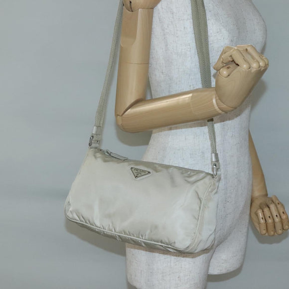 PRADA Shoulder Bag Nylon Beige Silver Auth 140483