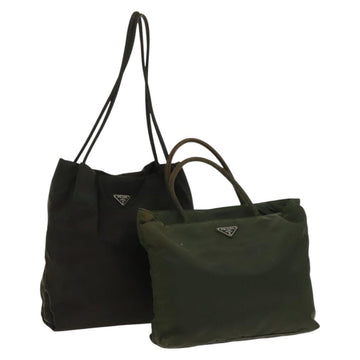 PRADA Hand Bag Nylon 2Set Green Khaki Auth 140484