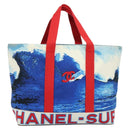 CHANEL Surfline Tote Bag Canvas Blue White Red CC Auth 140491-13