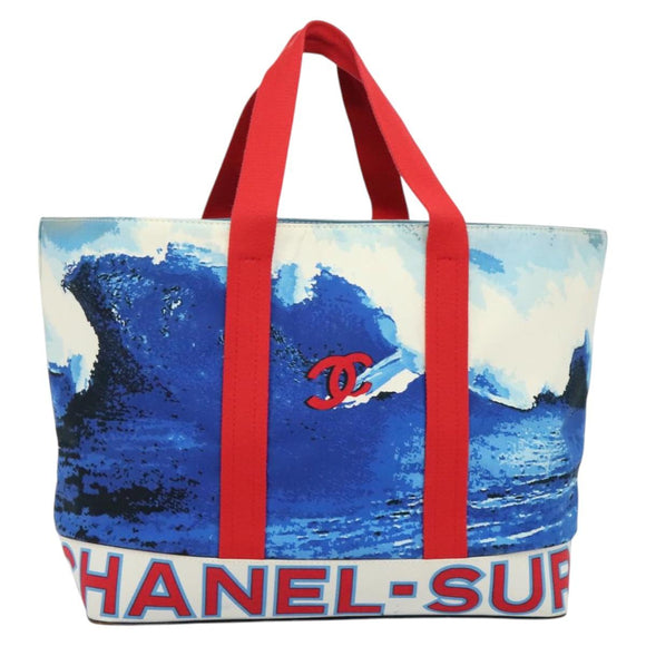 CHANEL Surfline Tote Bag Canvas Blue White Red CC Auth 140491