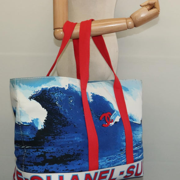 CHANEL Surfline Tote Bag Canvas Blue White Red CC Auth 140491