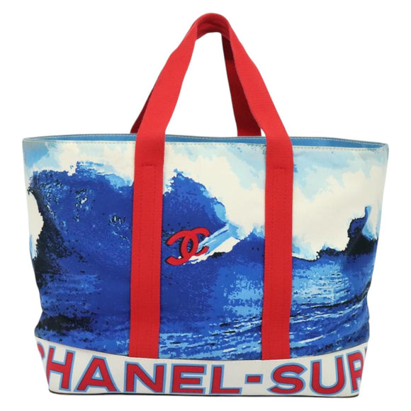 CHANEL Surfline Tote Bag Canvas Blue White Red CC Auth 140491