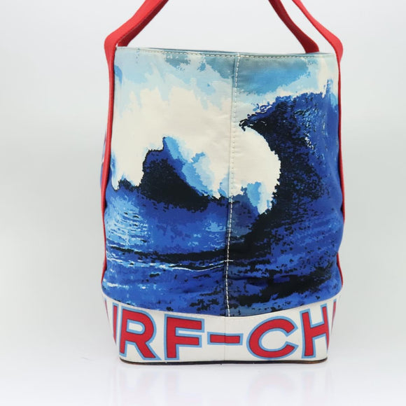CHANEL Surfline Tote Bag Canvas Blue White Red CC Auth 140491