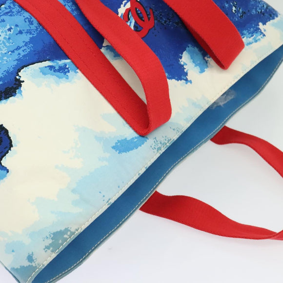CHANEL Surfline Tote Bag Canvas Blue White Red CC Auth 140491