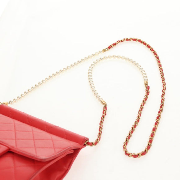 CHANEL Chain Matelasse Shoulder Bag Calf Skin 2way Red Gold CC Auth 140496M