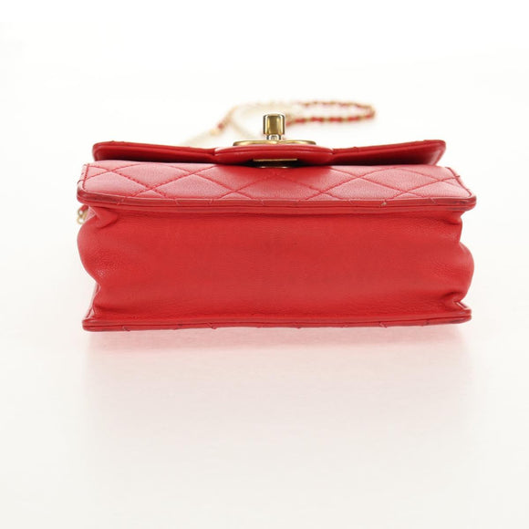 CHANEL Chain Matelasse Shoulder Bag Calf Skin 2way Red Gold CC Auth 140496M