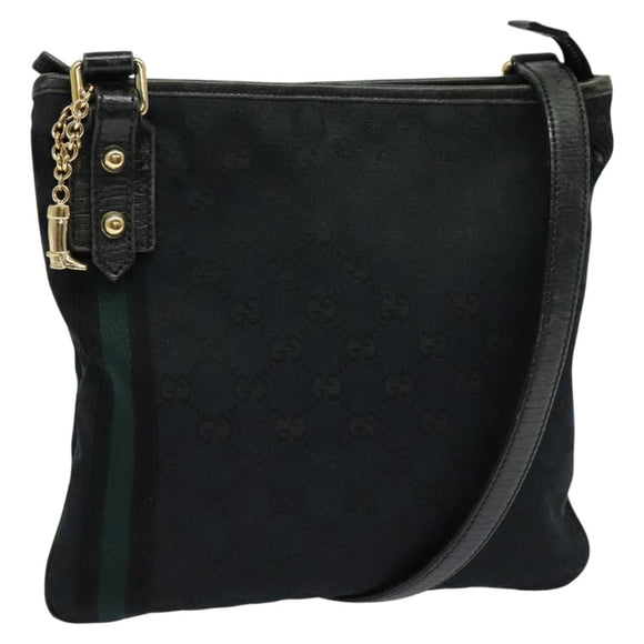 GUCCI GG Canvas Sherry Line Shoulder Bag Black Gold 144388 Auth 140536