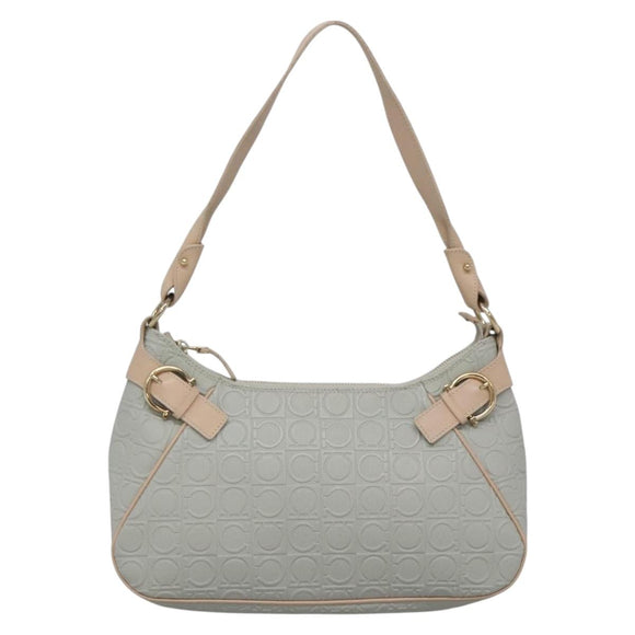 Salvatore Ferragamo Gancini Shoulder Bag Leather Gray Beige gold Auth 140541