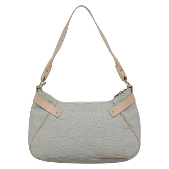 Salvatore Ferragamo Gancini Schoudertas Leer Grijs Beige goud Auth 140541