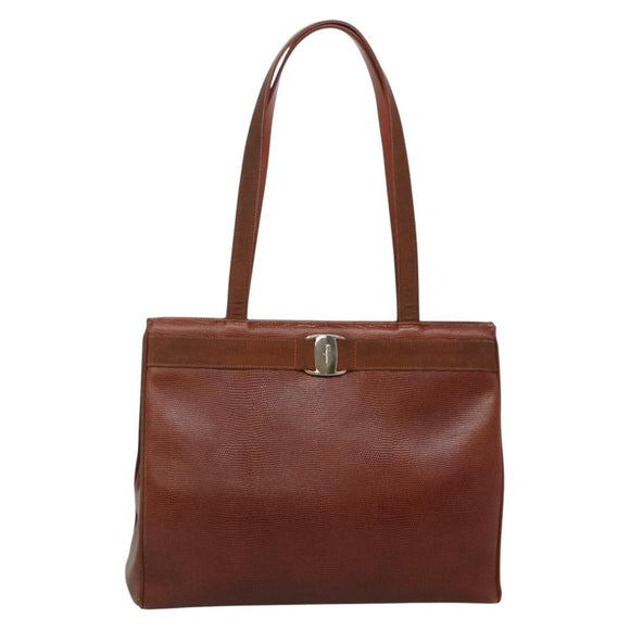 Salvatore Ferragamo Vala Shoulder Bag Leather Brown Gold Auth 140542
