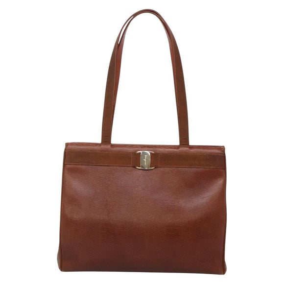Salvatore Ferragamo Vala Shoulder Bag Leather Brown Gold Auth 140542