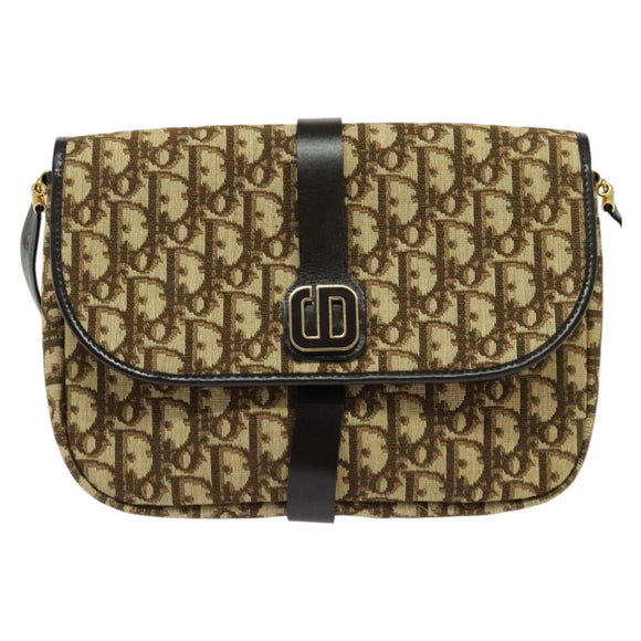 Christian Dior Trotter Canvas Shoulder Bag Brown Gold Auth 140545