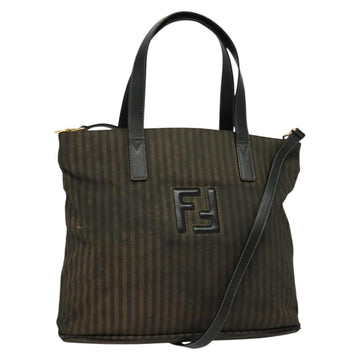 FENDI Pecan Canvas Tote Bag PVC 2way Black Brown gold Auth 140547