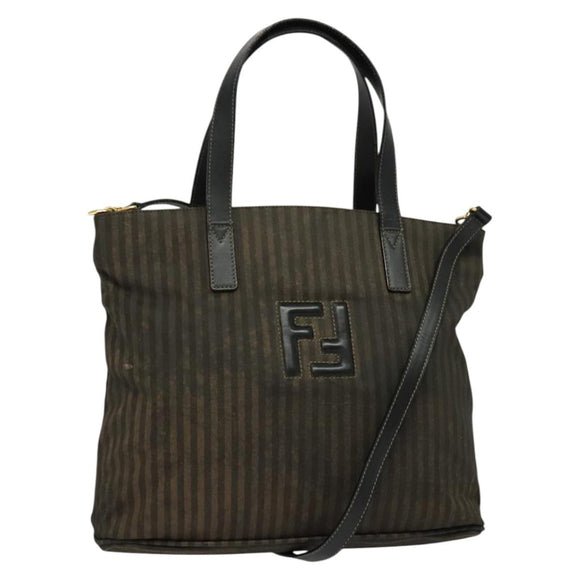 FENDI Pecan Canvas Tote Bag PVC 2way Black Brown gold Auth 140547