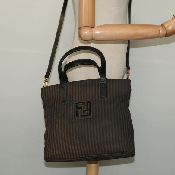 FENDI Pecan Canvas Tote Bag PVC 2way Black Brown gold Auth 140547