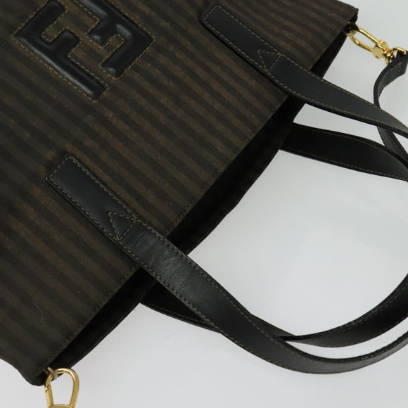 FENDI Pecan Canvas Tote Bag PVC 2way Black Brown gold Auth 140547