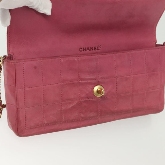 CHANEL Choco Bar Chain Shoulder Bag Leather Pink Gold CC Auth 140548