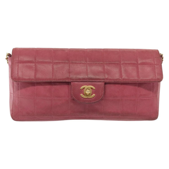 CHANEL Choco Bar Chain Shoulder Bag Leather Pink Gold CC Auth 140548