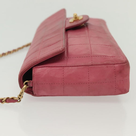 CHANEL Choco Bar Chain Shoulder Bag Leather Pink Gold CC Auth 140548