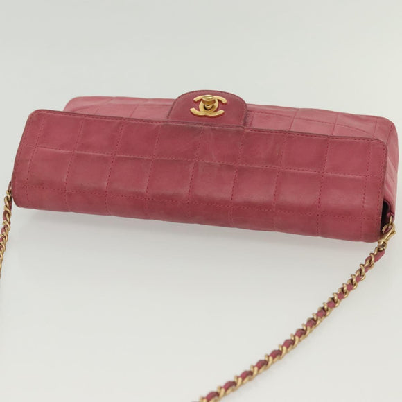 CHANEL Choco Bar Chain Shoulder Bag Leather Pink Gold CC Auth 140548