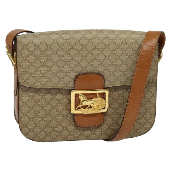 CELINE Macadam Canvas Shoulder Bag PVC Beige Gold Auth 140613
