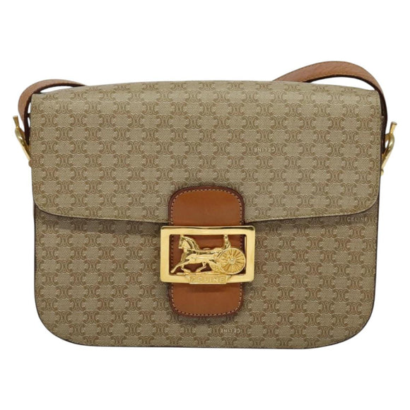 CELINE Macadam Canvas Shoulder Bag PVC Beige Gold Auth 140613