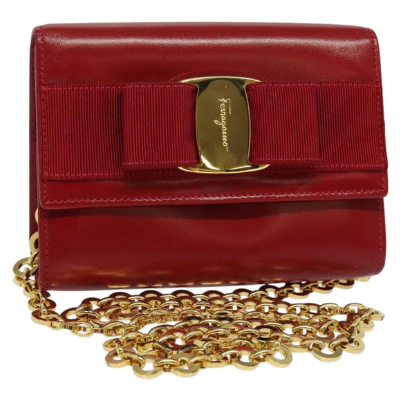 Salvatore Ferragamo Vala Chain Mini Schultertasche Leder Rot Gold Auth 140616