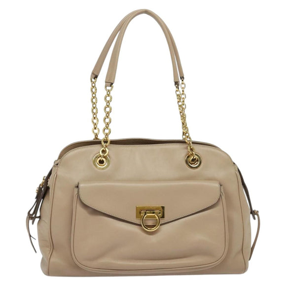 Salvatore Ferragamo Gancini Tote Bag Leather Beige Gold Auth 140617