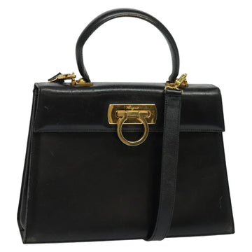 Salvatore Ferragamo Gancini Hand Bag Leather 2way Black Gold Auth 140618