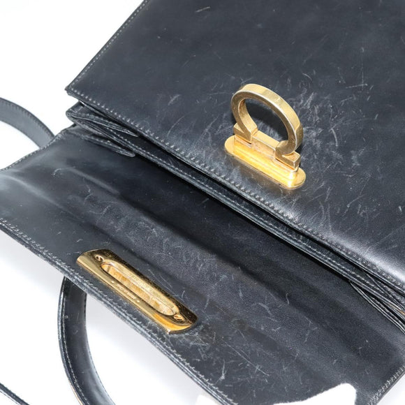 Salvatore Ferragamo Gancini Hand Bag Leather 2way Black Gold Auth 140618
