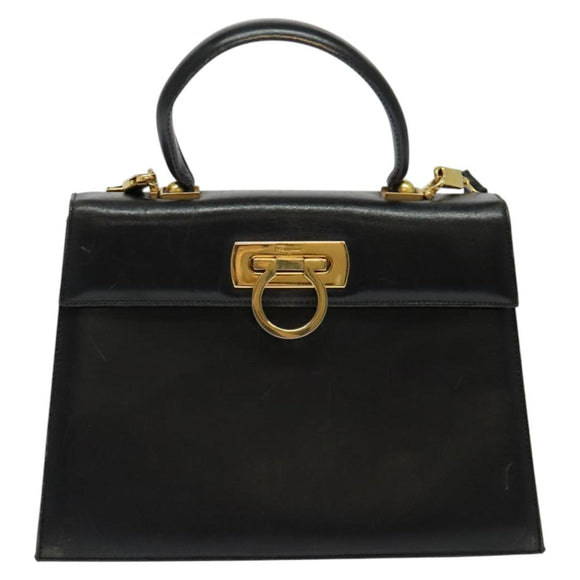 Salvatore Ferragamo Gancini Hand Bag Leather 2way Black Gold Auth 140618