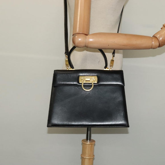 Salvatore Ferragamo Gancini Hand Bag Leather 2way Black Gold Auth 140618