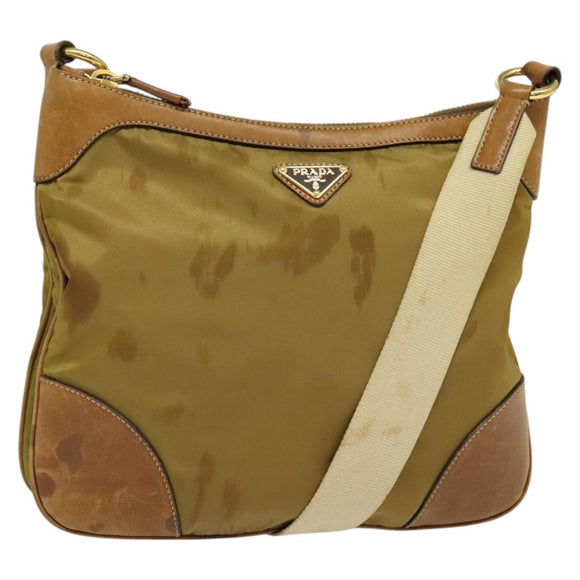 PRADA Shoulder Bag Nylon Leather Beige Gold Auth 140625