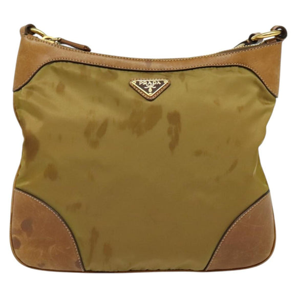 PRADA Shoulder Bag Nylon Leather Beige Gold Auth 140625